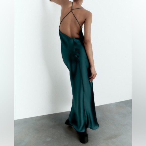 Zara Satin Effect Lingerie Style Peacock Emerald Green Maxi Dress $89.90 - Picture 7 of 9